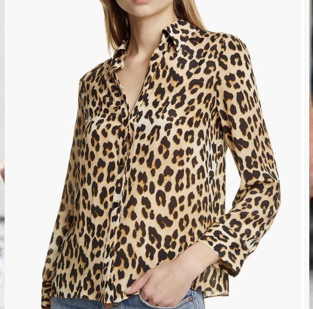 Alice + Olivia Women Eloise Leopard Silk Blouse XS Mob Wife Loud Luxury Designer